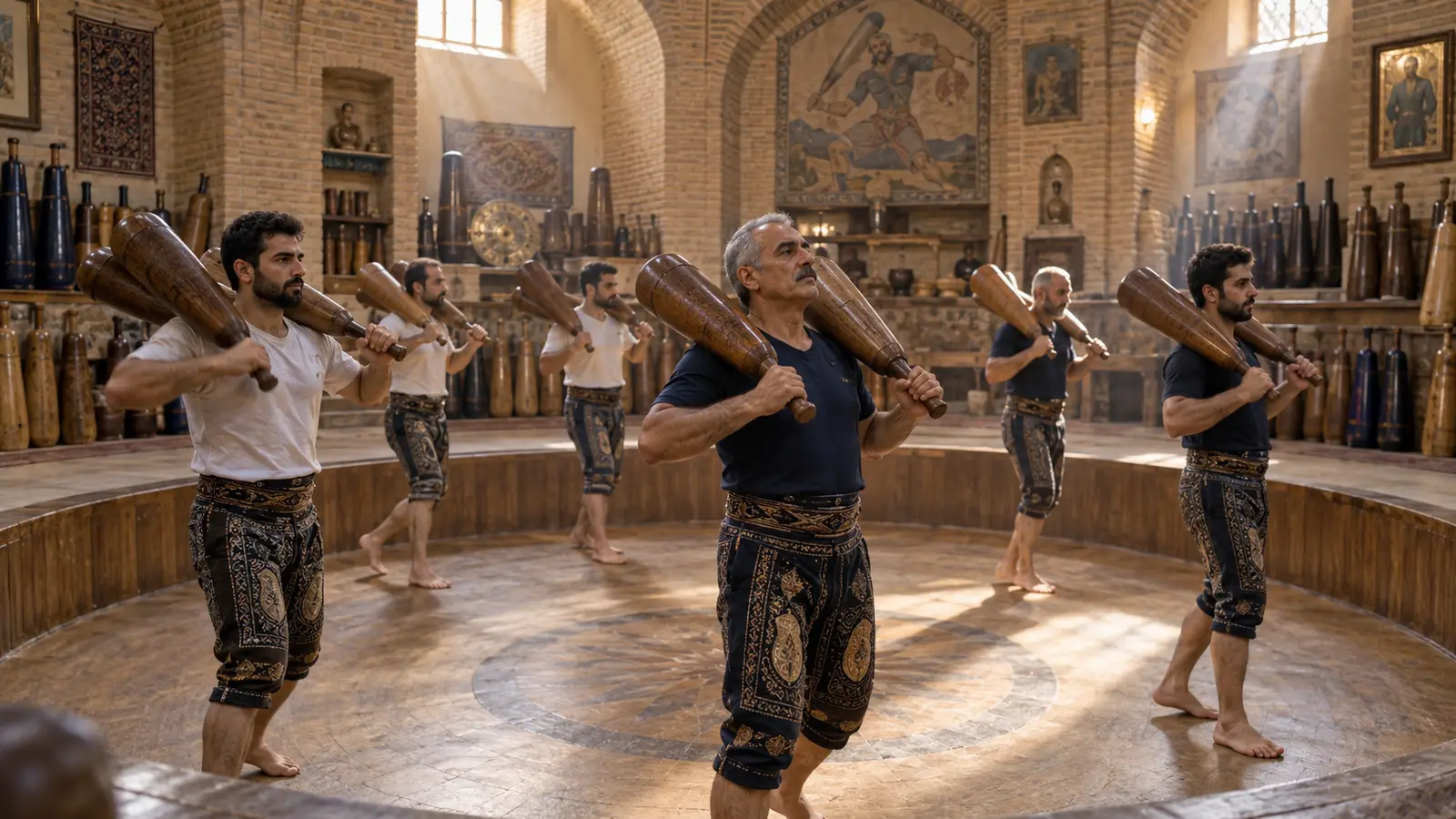 Entrenamiento tradicional persa con mazas de madera en una zurkhaneh