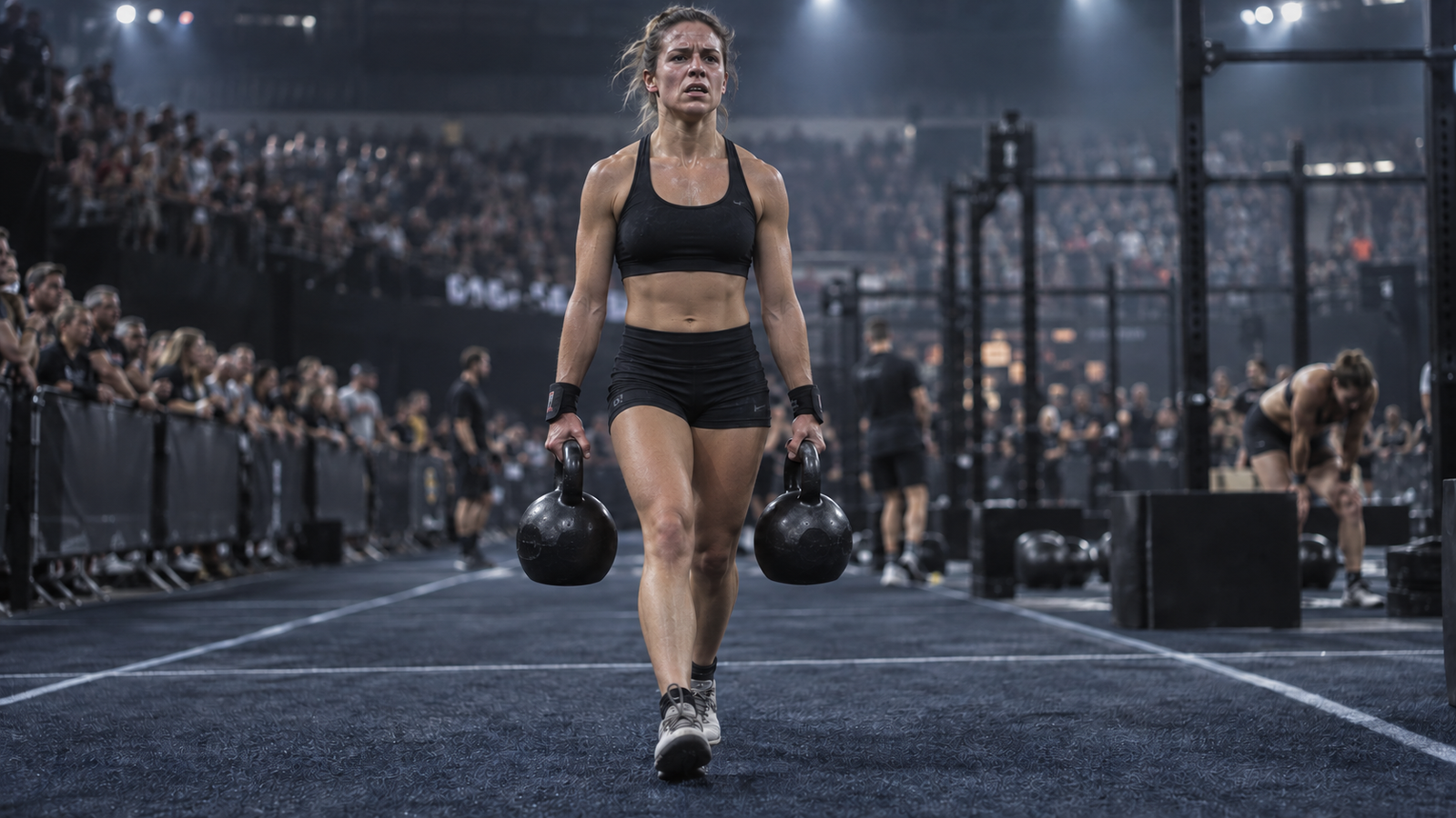 Atleta realizando un farmer carry con dos kettlebells